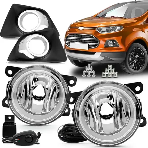 Kit Farol Milha Ecosport 13/17 Moldura Cromo Botão Colante