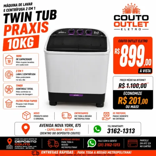 Máquina de Lavar e Centrífuga Twin Tub Praxis 10kg Nova - Mais Barato que na Internet |