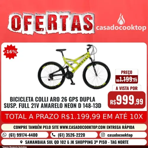 BICICLETA COLLI ARO 26 GPS DUPLA SUSP. FULL 21V AMARELO NEON D 148-13D