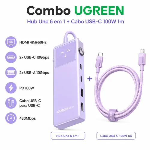 Kit Hub UGREEN Uno 6 em 1 Roxo + Cabo USB-C 100W 1m
