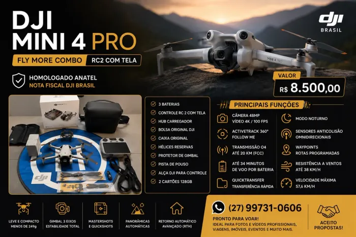 DJI MINI 4 PRO FLY MORE COMBO RC2 (COM TELA) - HOMOLOGADO ANATEL