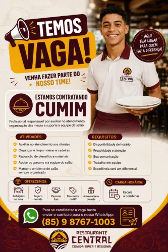 Contratamos Cumim em nosso restaurante