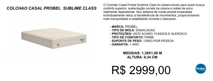 COLCHÃO PROBEL MOLAS 34CM ALTURAS