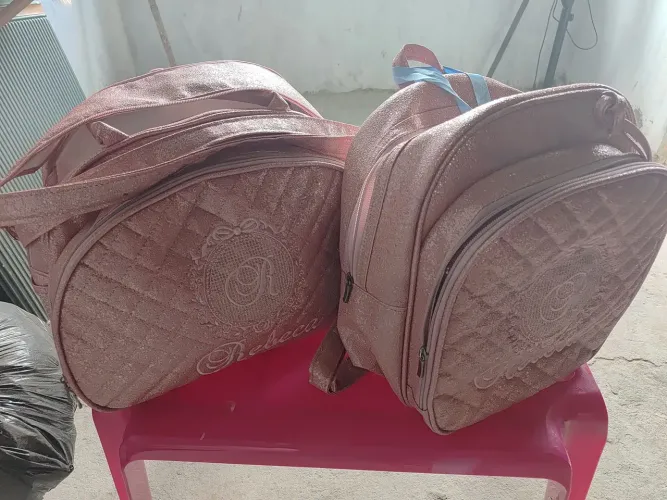 Kit Bolsa Maternidade e Mochila Rebeca / Rosa Metalizado Matelassê