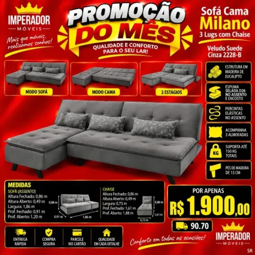 Sofá cama 3 lugares c/chaise em suede (Pague na entrega)