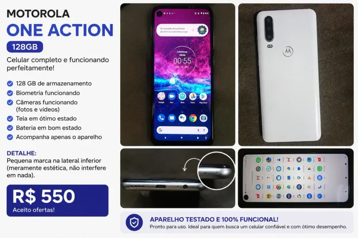 Motorola One Action 128GB | Bateria Nova | Biometria OK | Capa Inclusa