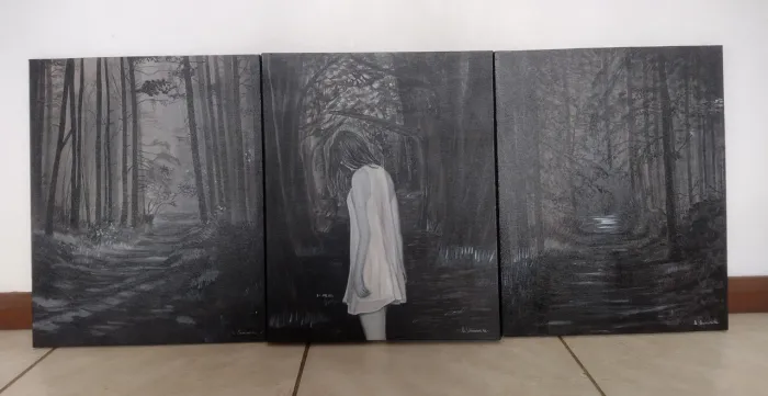 3 quadros mulher na floresta acrílico sobre tela 40x50 cm