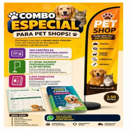 Combo petshop 100 cartões de vacina + 1 wind banner 2,50 metros + 5000 panfletos