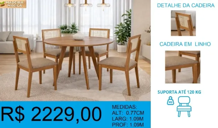 mesa c/ 4 cadeiras madeira maciça larg:1,09 alt: 77cm prof: 1,09cm - frete grátis!