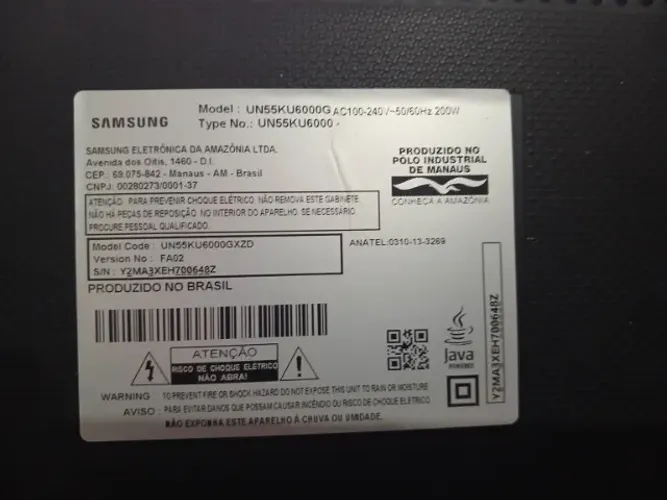TV Samsung 55" modelo UN55KU6000. Aparelho com defeito na tela, para retirada de peças