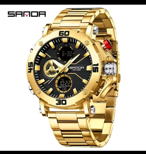 Vendo relógio masculino de aço inoxidável digital e analógico aprova d'água novo dourado