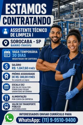 Oportunidade de trabalho em SOROCABA/SP
