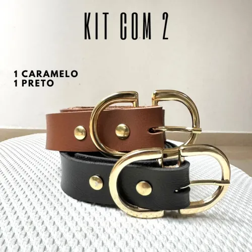 Kit com 2  cintos de couro fivela dourada