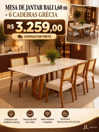Jogo mesa de jantar Bali 1,60m + 6 cadeiras Grécia - Madeira maciça e vidro(novo)
