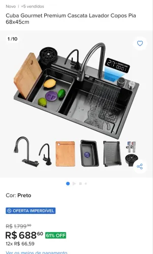 Cuba Gourmet Premium Cascata Lavador Copos Pia 68x45cm