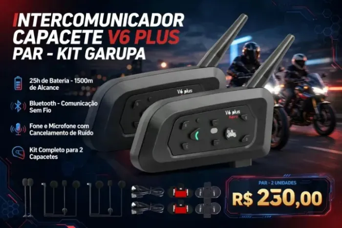 Intercomunicador Capacete V6 Plus Par 25h Bateria 1500m Bluetooth Moto Comunicador Sem Fio