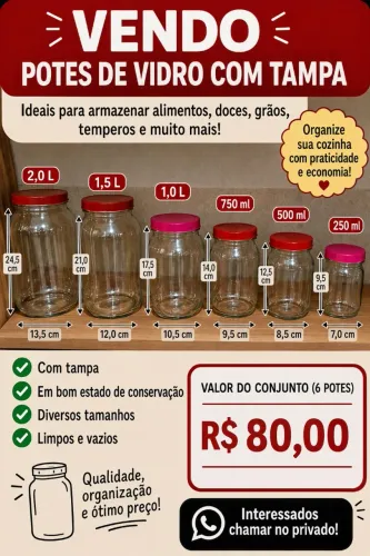 Kit com 6 Potes de Vidro com Tampa