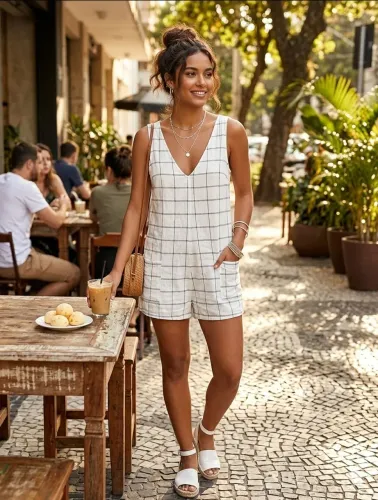 Macacão feminino branco xadrez