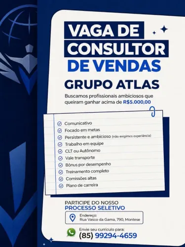 Vaga de emprego para consultor de vendas.