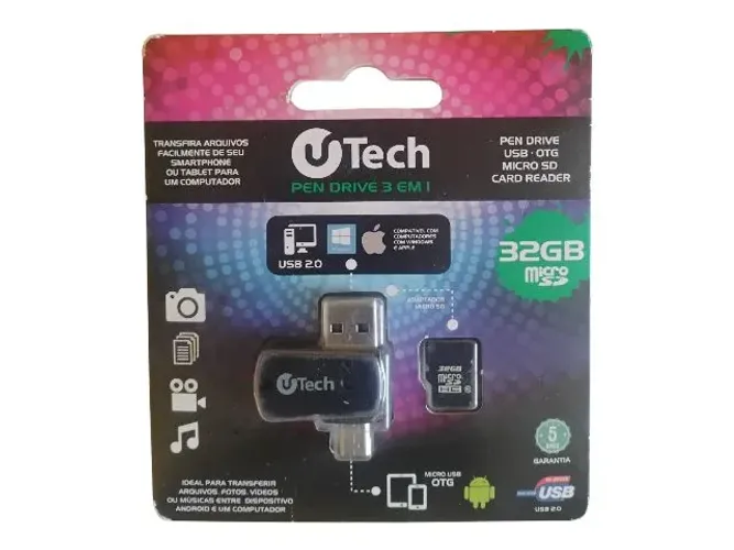 Pen Drive 3 em 1 usb - otg e micro sd card reader
