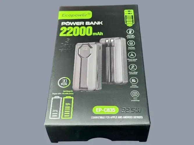POWER BANK TURBO 22.5W COM CABOS EMBUTIDOS 22000mAh