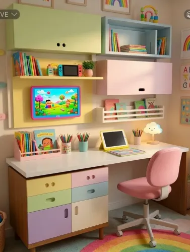 Conjunto aéreo e cômoda para Home office infantil 
