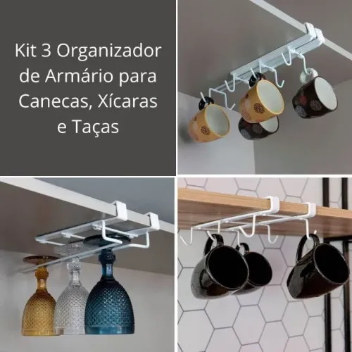 3 Suportes Organizadores de Armário de Cozinha para Canecas, Xícaras e Taças - NOVO
