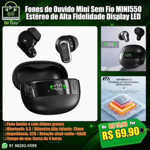 Fones de Ouvido Mini Sem Fio MINI550 Estéreo de Alta Fidelidade Display LED
