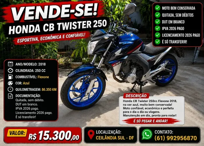 Vendo CB Twister Flexone 250 CC - 2018/2018 - R$ 15.300