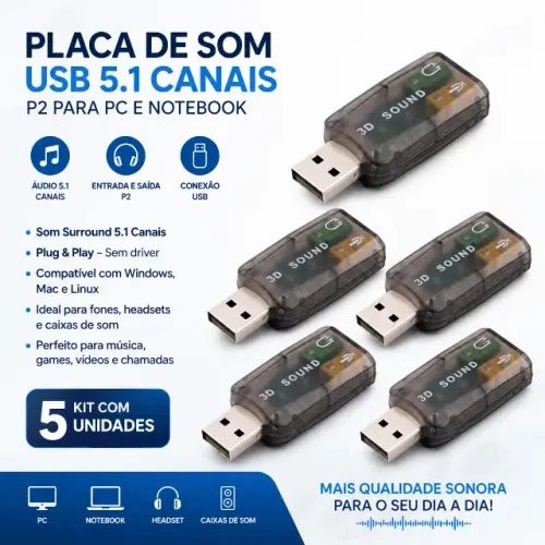 Kit com 5 Placas De Som Usb Placa de Aúdio Usb 5.1 Canais P2 Pc Notebook