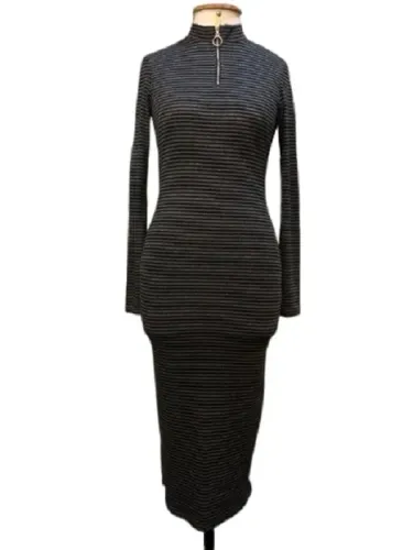 Vestido Blue Steel Renner Ribana Gola Alta Mangas Compridas Listrado Preto/Cinza Tamanho P