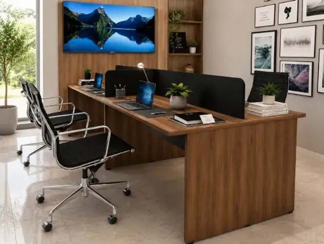 Estação Top Work Corporativa Copenhagen. Painel e 16 Tomadas: L240cm x P130cm x A104cm