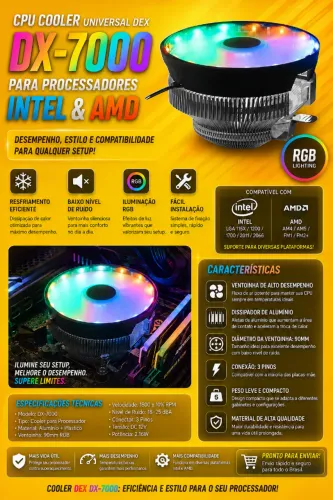 Cooler Universal Dex Processador Intel & Amd Rgb Dx-7000 (NOVO/LACRADO!)