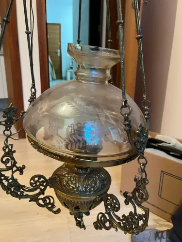  Lustre de Bronze estilo lampião Natalino Tomasi Cúpula laranja/rose