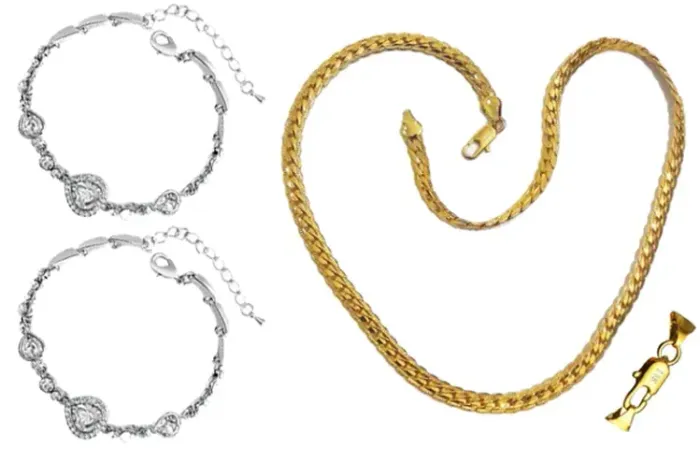 kit 02 pulseiras com pedras sintéticas + 01 corrente colar de aço dourado 50cm x 5mm