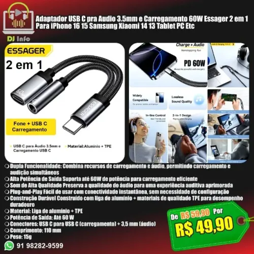 Adaptador USB C pra Audio 3.5mm e Carregamento 60W Essager 2 em 1 Para iPhone Samsung Etc