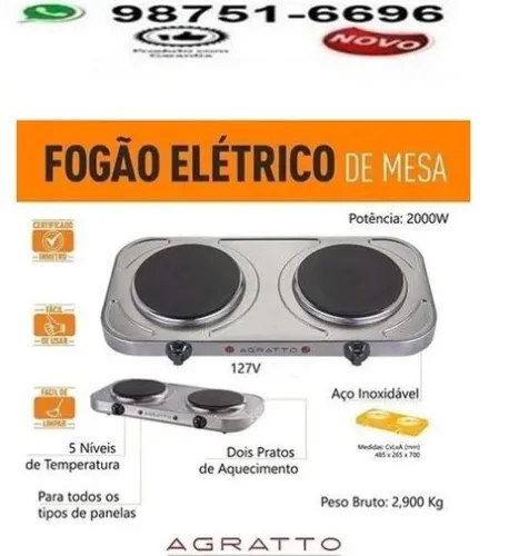 Fogão elétrico cooktop Agratto 2000W EM aço inoxidável 110v