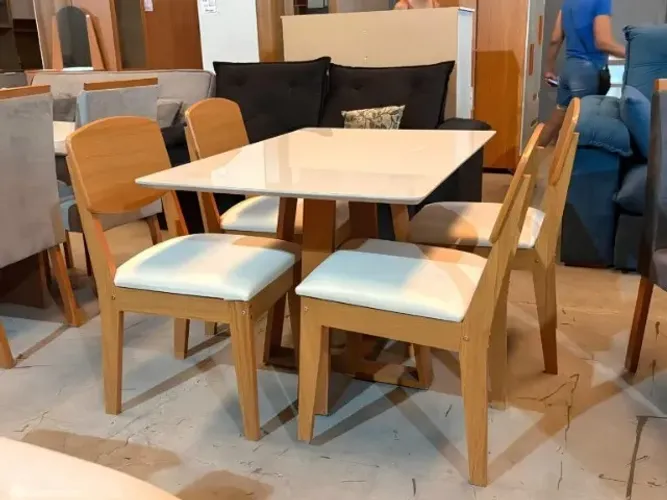 Mesa Pedro 120 Mel/Off White com 4 Cadeiras Havana Veludo Creme - ART ASSENTOS + RUFATO
