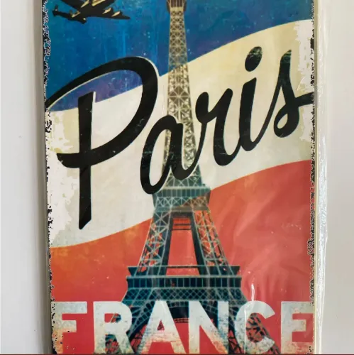 Placa Decorativa Paris - Torre Eiffel e Bandeira da França - quadro vintage metal