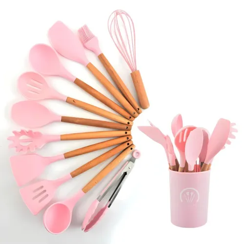 Kit de Utensílios de Cozinha Rosa com Cabo de Madeira