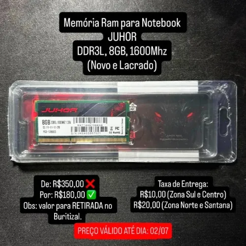 Memória Ram p/ NT JUHOR, 8GB, DDR3L, 1600Mhz (Novo e Lacrado)