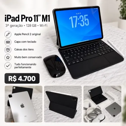 iPad Pro 11 M1 128GB + Apple Pencil 2 + Teclado + Caixas