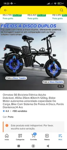 Vendo bicicleta elétrica nova na caixa ? paguei 2.956,00 reais , vendo por 2,200,00 
