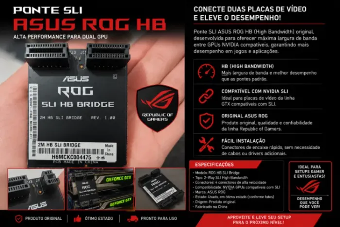 Ponte SLI ASUS ROG HB - Alta Performance para Dual GPU (Original)