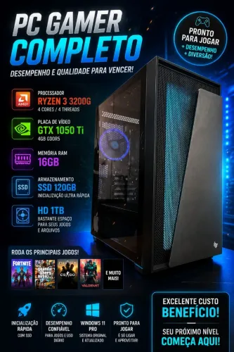 Pc gamer Ryzen 3 16GB RAM ddr4 SSD HD 1 terá GTX 1050 Ti 4GB