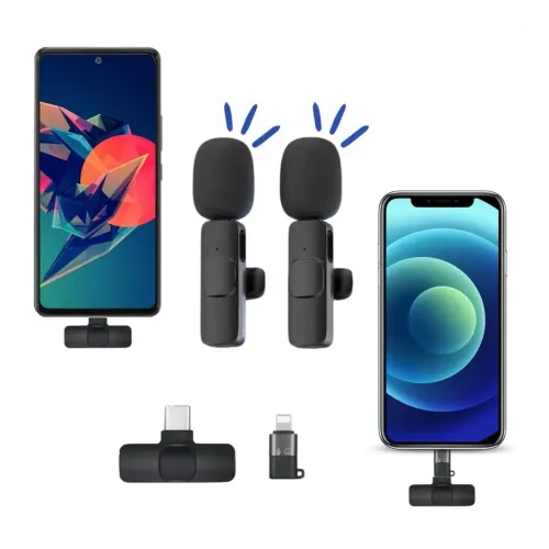 Microfone Lapela Duplo Sem Fio 2 em 1 Tipo C e Lightning iPhone