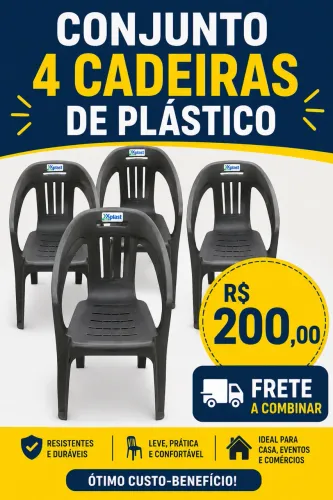 Conjunto de 4 cadeiras de Plastico C/ Braço Preta