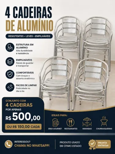 Kit com 4 Cadeiras de Alumínio Empilháveis com Braço - Resistentes e em Ótimo Estado