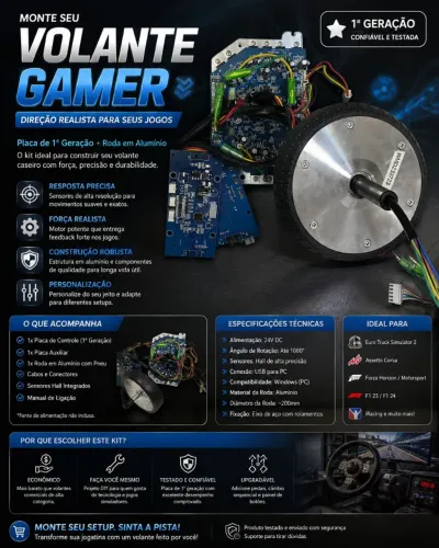 Kit Volante Gamer DIY - Placa 1ª Geração + Roda Alumínio + Motor