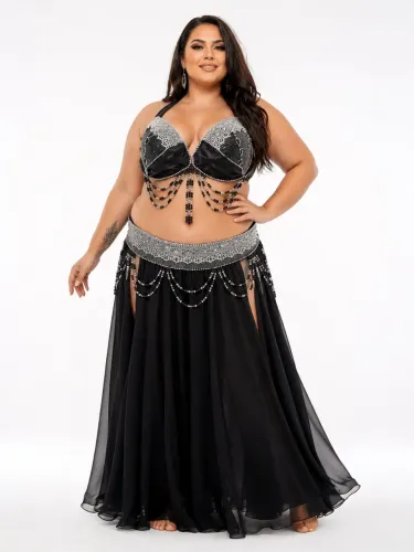 Figurino dança do ventre (traje) preto e prata PLUS SIZE 56 novo